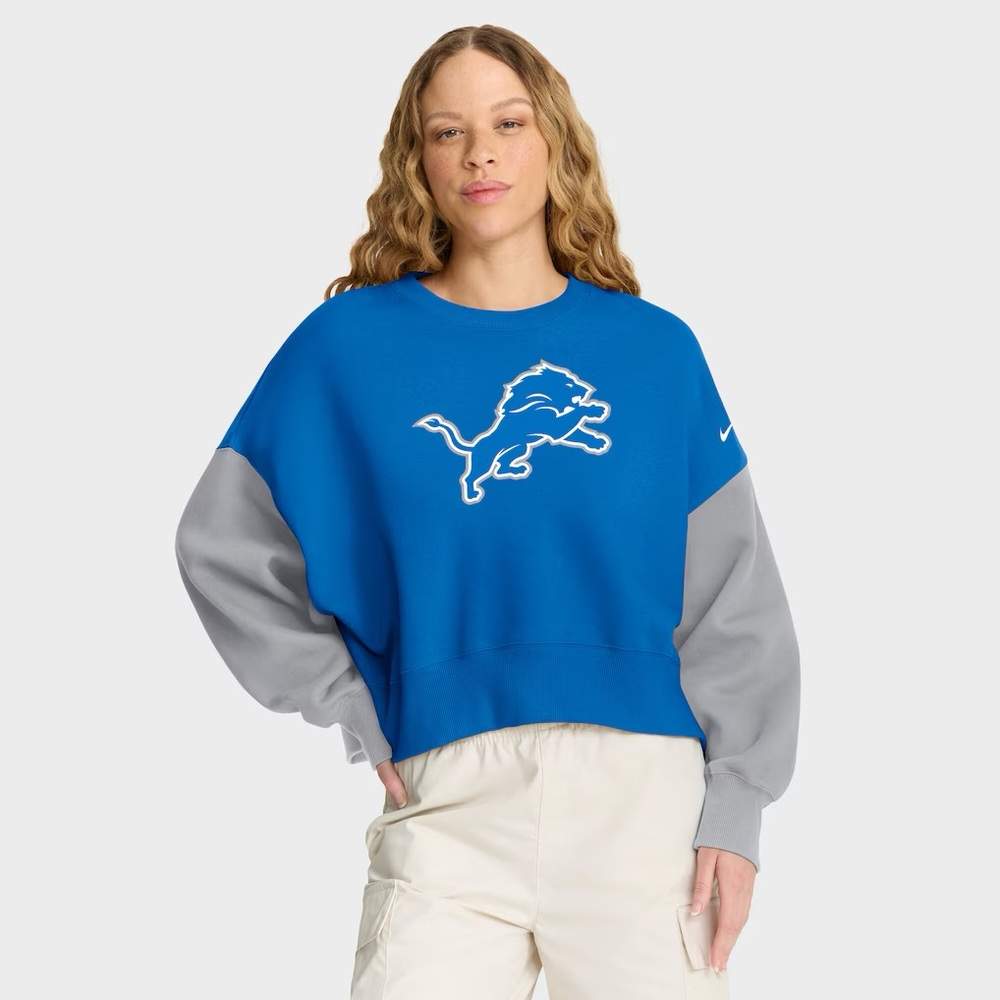 Detroit Lions Nike Blue Oversized Color-Block Pullover Sweatshirt Size Large